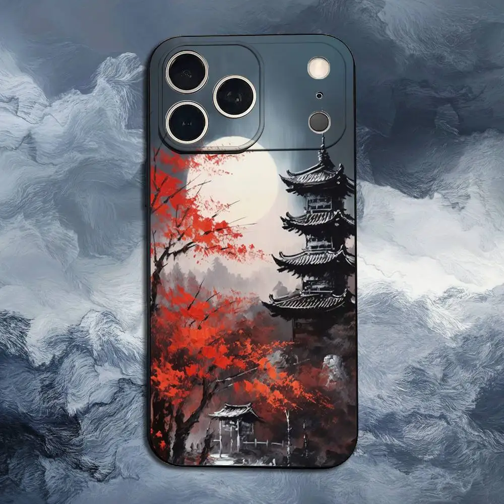 Sakura templo arte japonesa para iphone 13,16,11,14,17,15,plus,pro max,xs,x,xr,se,mini,8,7, capa de telefone silicone macio preto