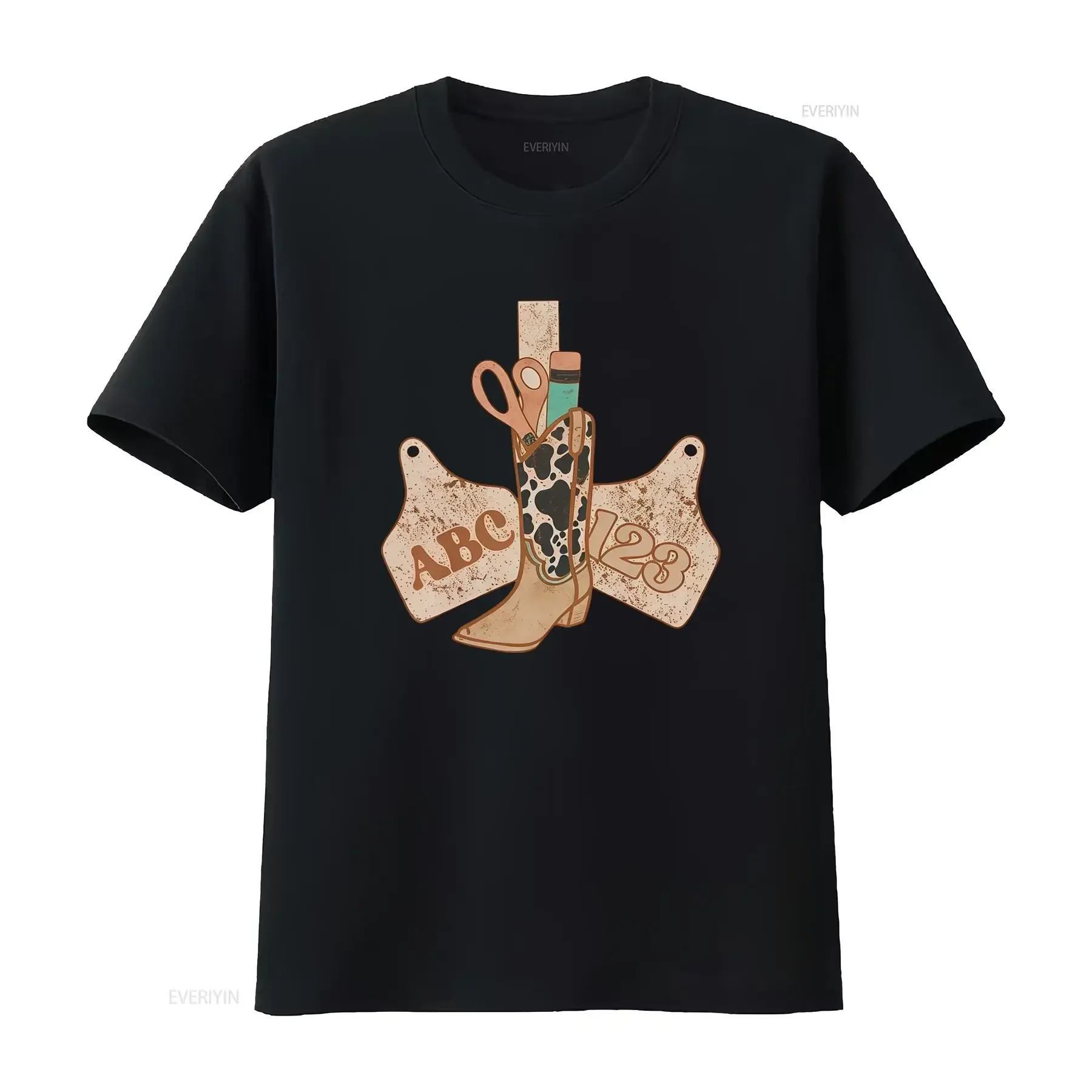 Vintage Western Cow Print Cowboy Boot ABC 123 Teacher Casual T Shirt vintage Washed Versatile Soft Unisex fashion