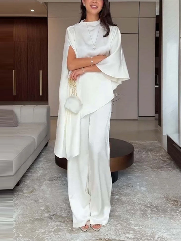 Women Elegant Asymmetric Satin 2Pc Suit Casual Simples Matching Long Pant Set Fashion O-neck Shawl Tops & Wide Leg Pant Outfits