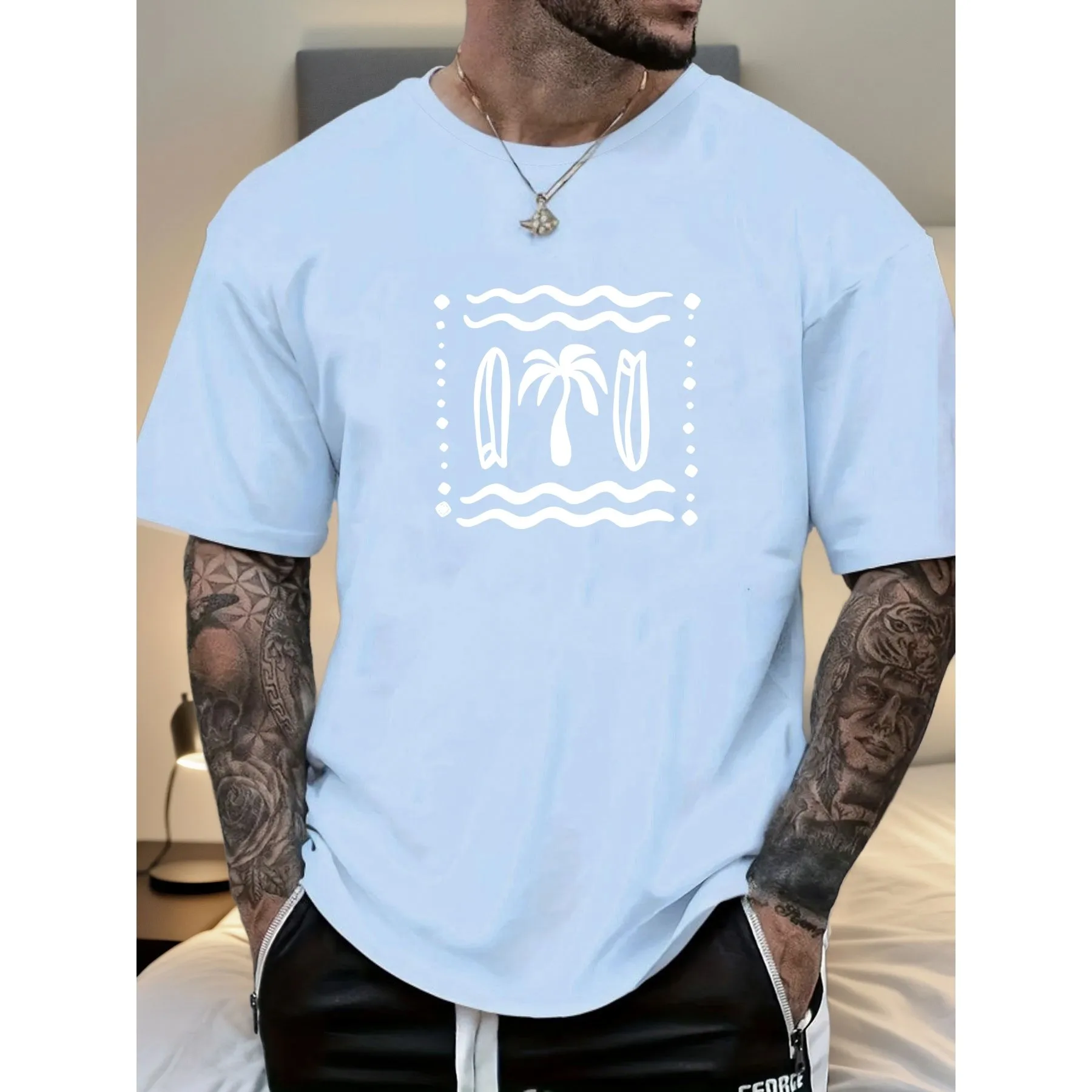 Surfboard Palm Tree Graphic Tee for Men Summer Casual Short Sleeve Cotton T-Shirt