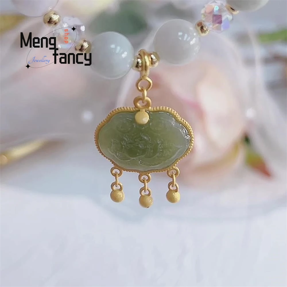 Natural Hetian Jade Peace Buckle Lotus Pendant Hand Ornaments Bracelet Simple Exquisite Elegant Sexy Young Girls Fashion Jewelry