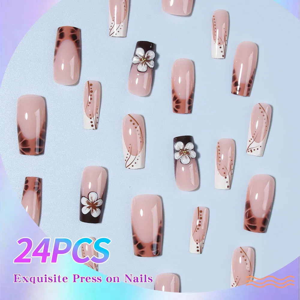 Eleve su estilo con 24 Uds. De uñas de gel tridimensionales 3D, hace uñas de flores con diseño de bola de acero pequeña, punta cuadrada francesa Pre