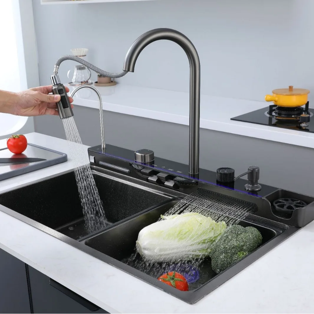 Multifunction kitchen sinks stainless steel kitchen sink faucet black double waterfall rainfall single bowl led kitchen sink set