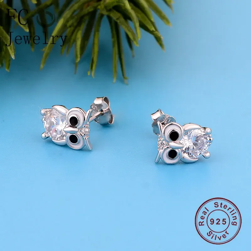 FC Jewelry 100% 925 Silver Owl Zirconia Enamel Black Eye Stud Earring For Women Piercing Pendientes Brinco Boucle D'oreille 2020