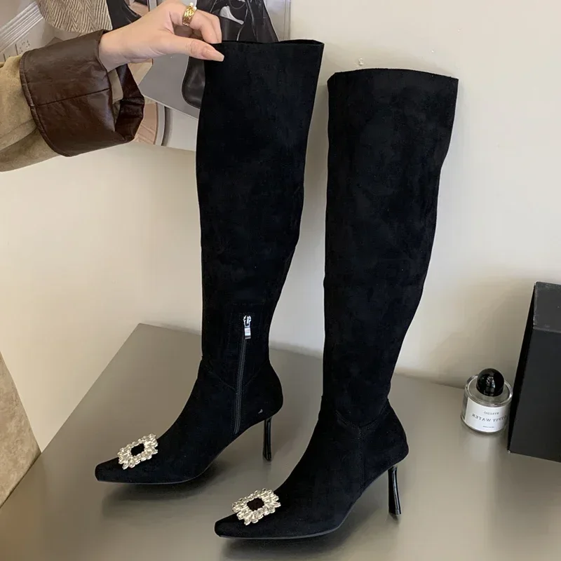 Aneikeh Women Vintage Over The Knee Boots Pointed Toe Stiletto Heel Crystal Square Buckle Winter Thigh High Long Booties