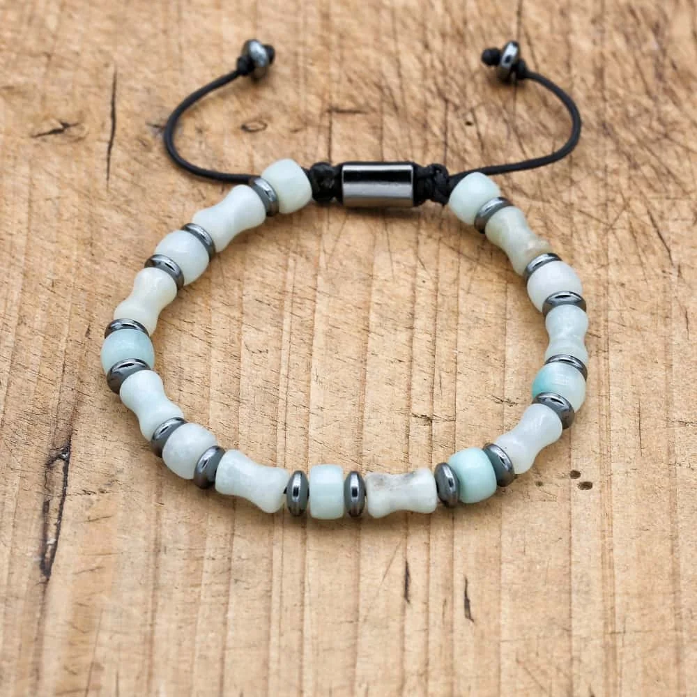Handmade Bamboo Knot Shape Amazonite Hematite Beaded Bracelet for Men & Women Courage Protection Grounding Stone Jewelry Gift