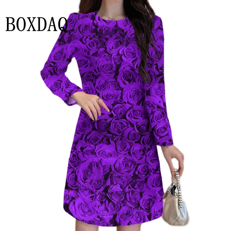 New Rose Dresses Valentine Women Clothing Oversized Long Sleeve Loose Casual Dress Flowers 3D Printing Evening Party Mini Dress