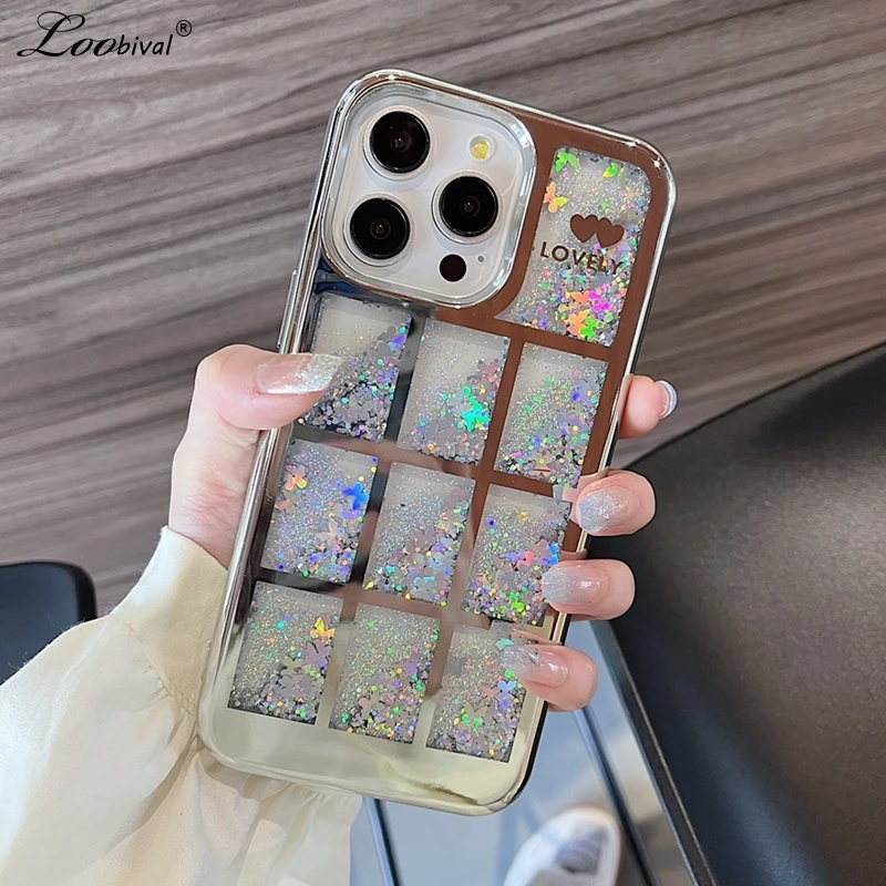 Glitter Quicksand Love Heart Case for iPhone 15 14 13 Pro Max Plus 12 11 Plating Bling Lattice Soft Silicone Shockproof Cover