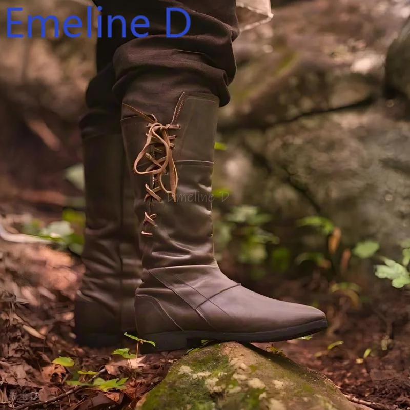 

Round Headed Knight Boots Fashionable Retro Western Denim Style Leather Patchwork Lace Up Design Flat Heel Midsole Boots