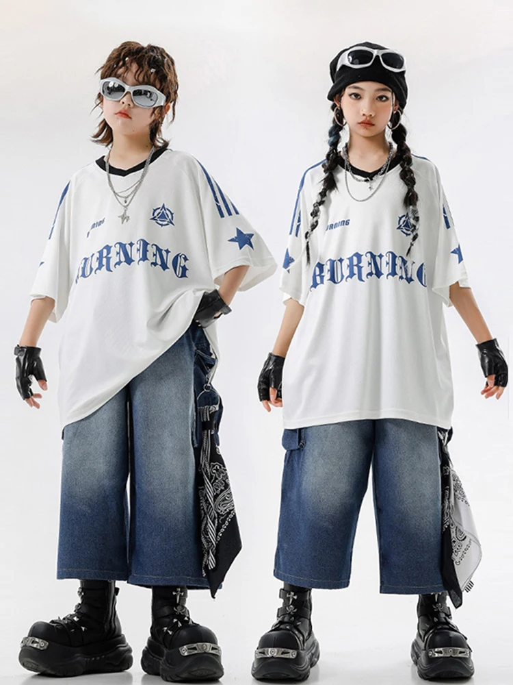 소녀 힙합 재즈 복장 멋진 소년 스트리트 댄스 의상 어린이 streetwear 십대 의상 느슨한 7 피트 데님 반바지 세트 xh2970