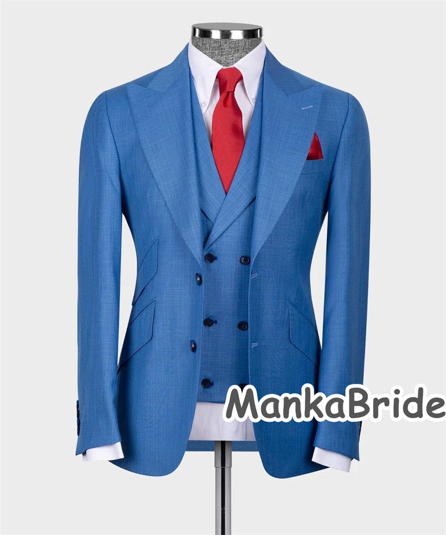 Classic Blue Full Men's Suit 3pcs Blazer Vest Pants Slim Fit Business Wear Formal Wedding Groomsmen Tuxedo Costume homme