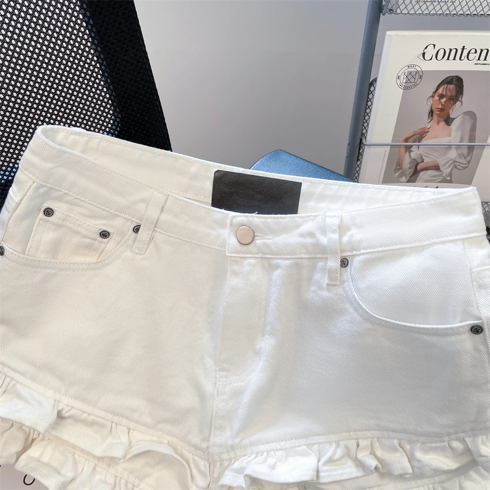 한국 스타일 프릴 짧은 청바지 여성 여름 섹시한 솔리드 컬러 하이 웨이스트 데님 반바지 파티 클럽 올 매치 반바지 streetwear