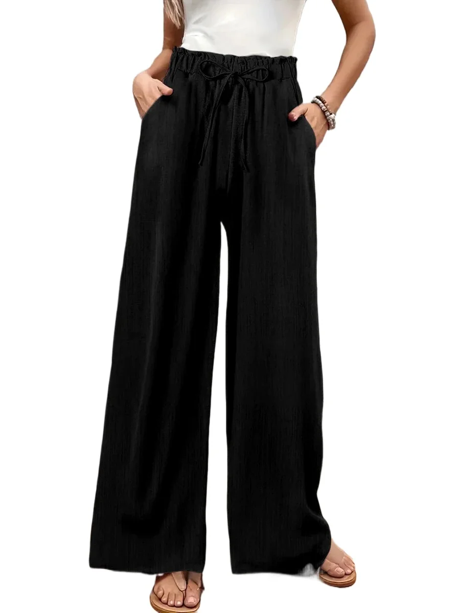Women Chic Loose High Waist Pants With Pockets Drawstring Elastic Waist Straight Leg Casual Autumn Winter Korean Style Outfits