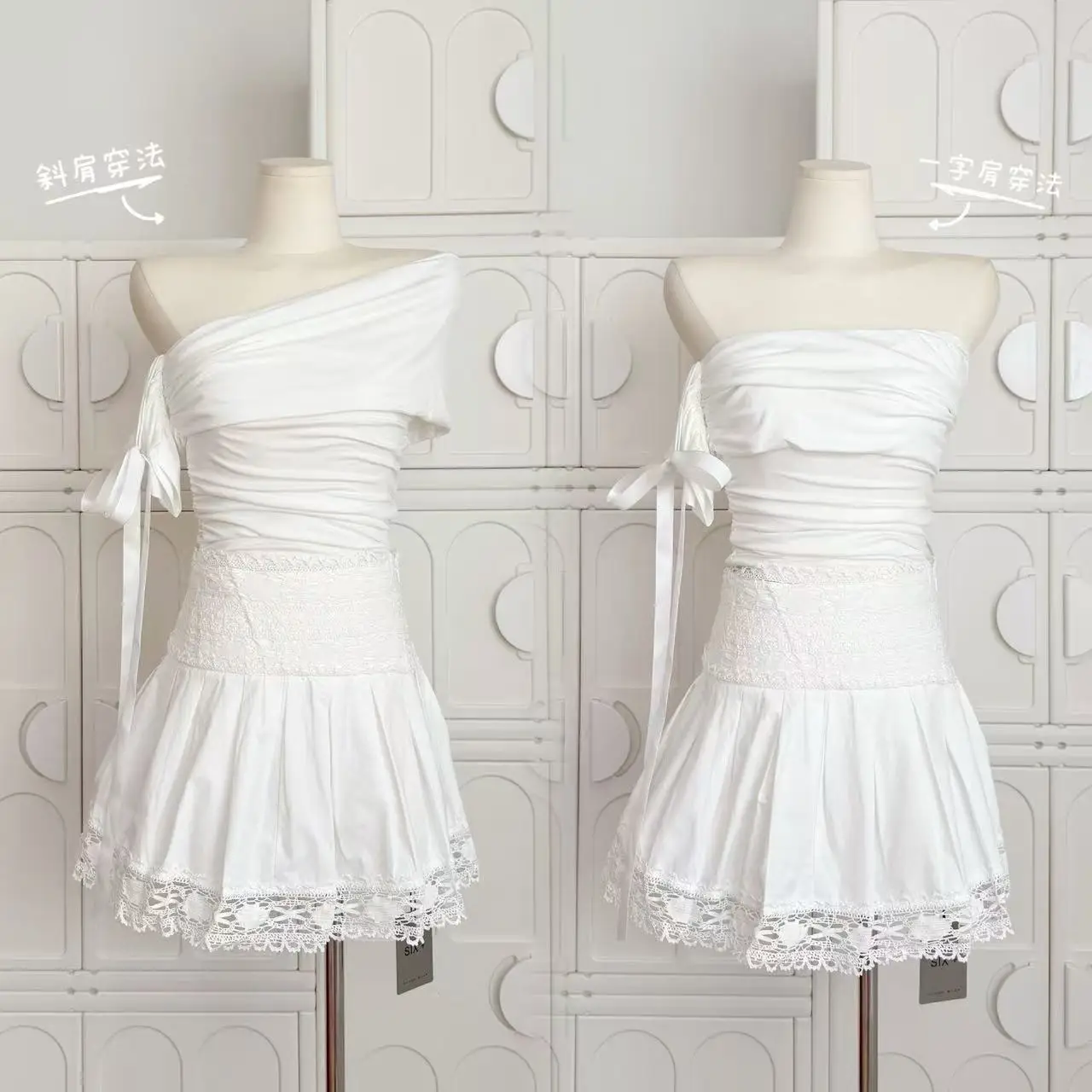 Летний женский корейский однотонный Shoujo Coquette Gyaru 2000-х годов, комплект из 2 предметов, укороченный топ с разрезом на шее + кружевная мини-юбка с высокой талией