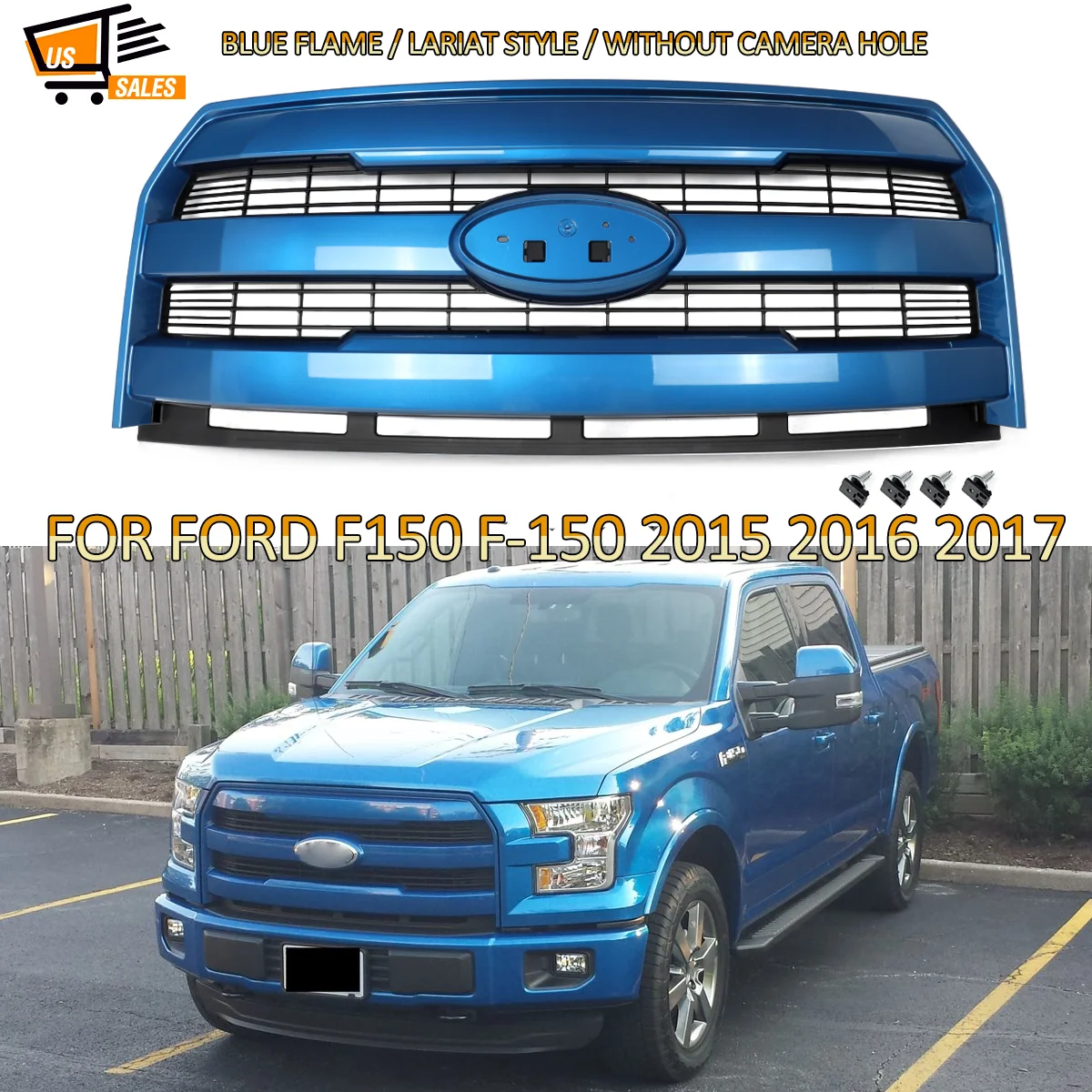 Modified Grille For 2015 2016 2017 Ford F150 Lariat Platinum For F-150 Front Bumper Upper Grille Without Camera Hole Blue Flame