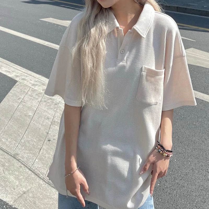 Waffle Vintage Polo Oversized Side Slit 2022 Summer Short Sleeve Women T Shirts Korean Pullover Japanese Fashion Harajuku Tops