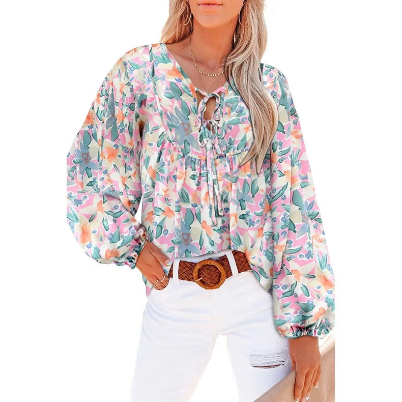 Dames Shirt Nieuwe Stijl Bloemenprint Shirt Met Veters V-Hals Casual Shirt Met Lange Mouwen En Street Shirt Voor Dames