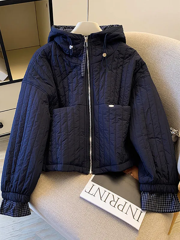 Loose Fit Cotton Jacket Women's Short Coat with Hood Color Block Design Warm Casual Outerwear for Autumn Season