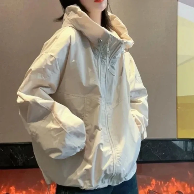 

Удобная свободная куртка с капюшоном на молнии для женщин, повседневная уличная одежда, с карманами и длинными рукавами, весна-осень