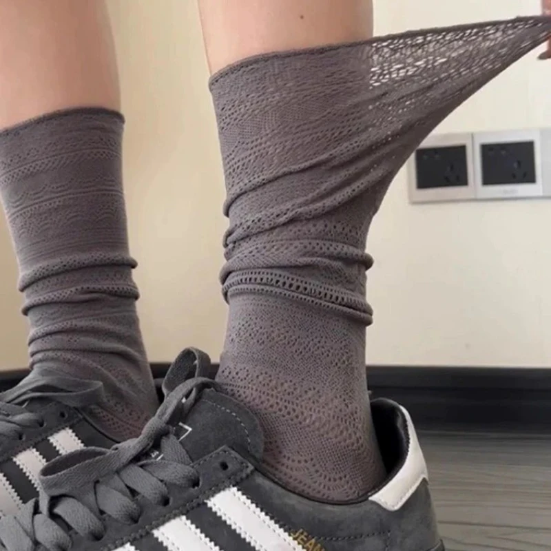 1/4 Paar Damen-Kniestrümpfe mit Spitzenbesatz, Sommer-Höhlen-Design, leicht, atmungsaktiv, weich, bequem, lässig – Detail 5