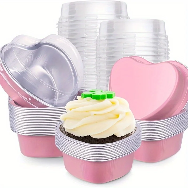 20pcs/set Heart-Shaped Aluminum Foil Cake Cups with Lids - Perfect for Baking, Weddings, and Mother's Day Gifts