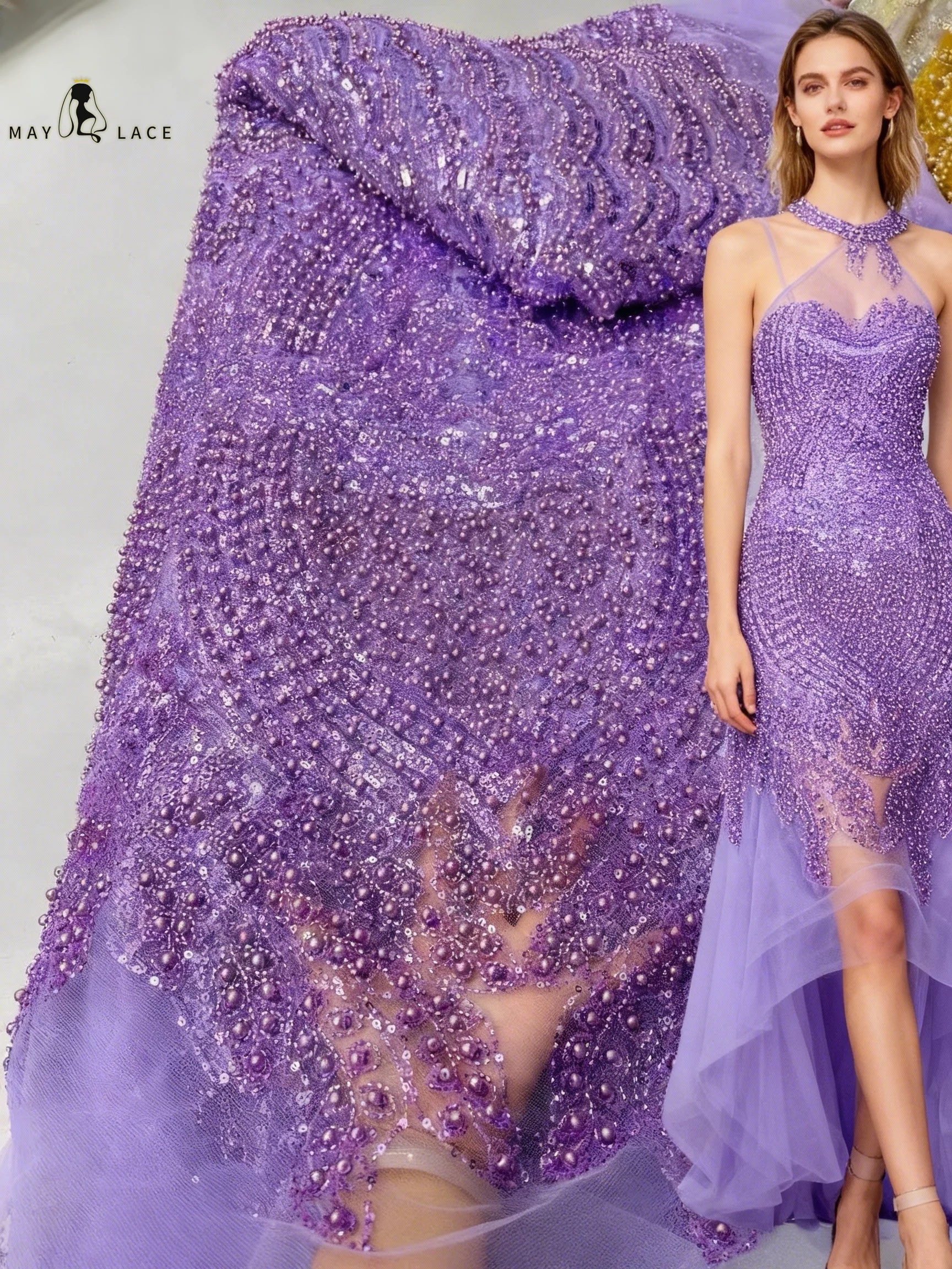 

African Beaded Lace Fabric 2026 High-Quality French-Style Nigerian Sequined Lace Fabric Suitable for Evening Wedding Party Gowns