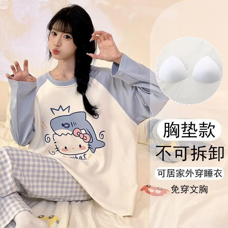 

Sanrio Hello Kitty Women's Pajamas Set Long Sleeve Built-in Bra Cartoon Loose Fit Cute Student Home Cozy Loungewear Sleepwear