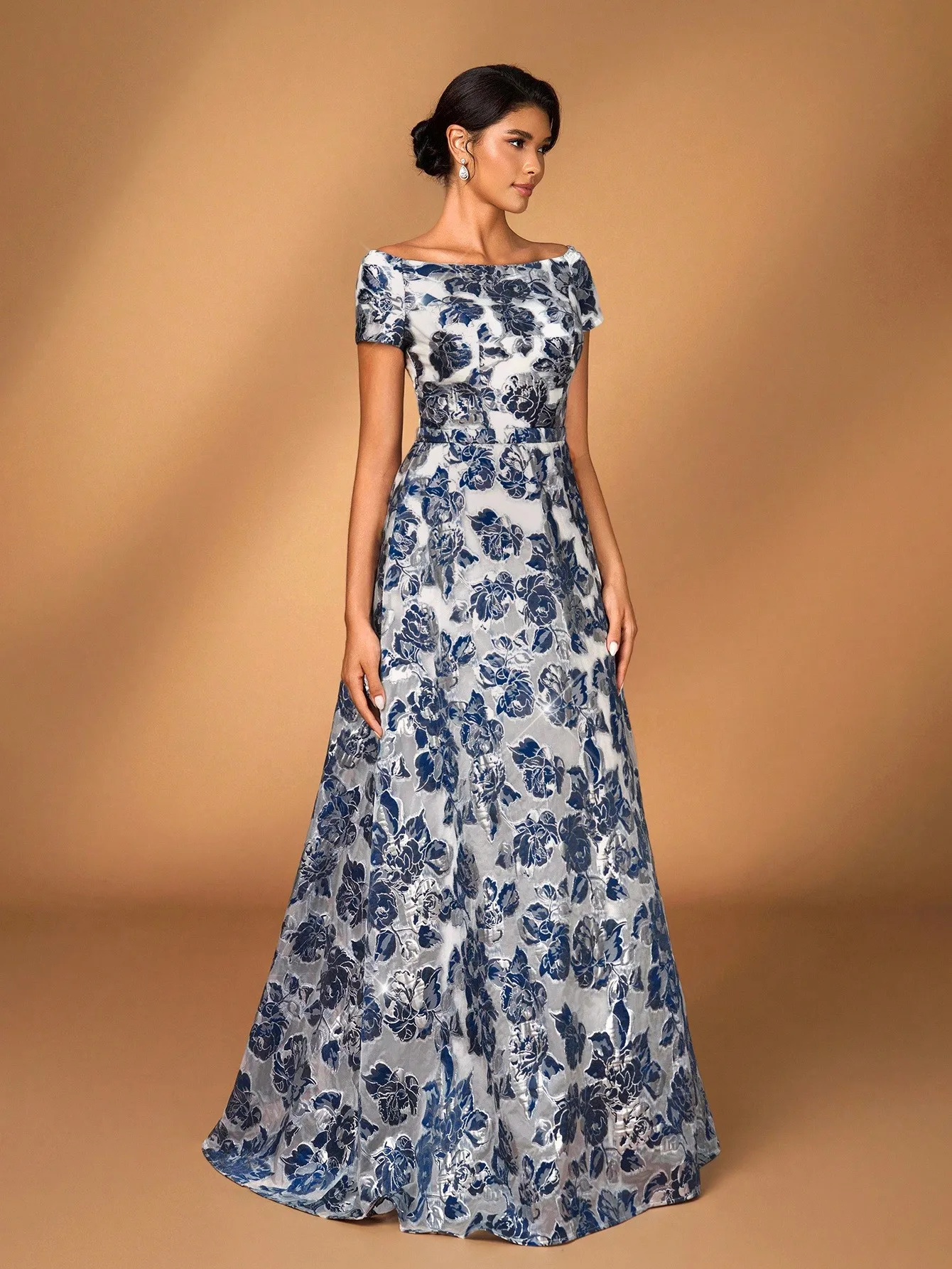 

Elegant Off-Shoulder Floral Jacquard Organza Maxi Dress for Evening, Wedding Guest or Formal Occasion