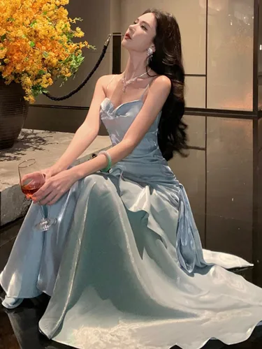 Imagen 2 del producto Vestidos largos elegantes con volantes para mujer, vestido de fiesta de princesa sin mangas con tirantes finos a la moda, Vestidos informales de cintura delgada de verano