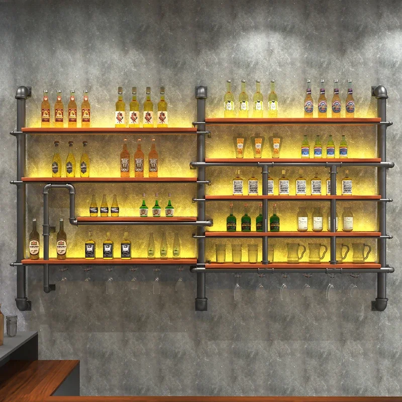 

Витрина для винного шкафа, настенная подвеска для ресторана, настенная кованая железная креативная светящаяся барная стойка, винная стойка