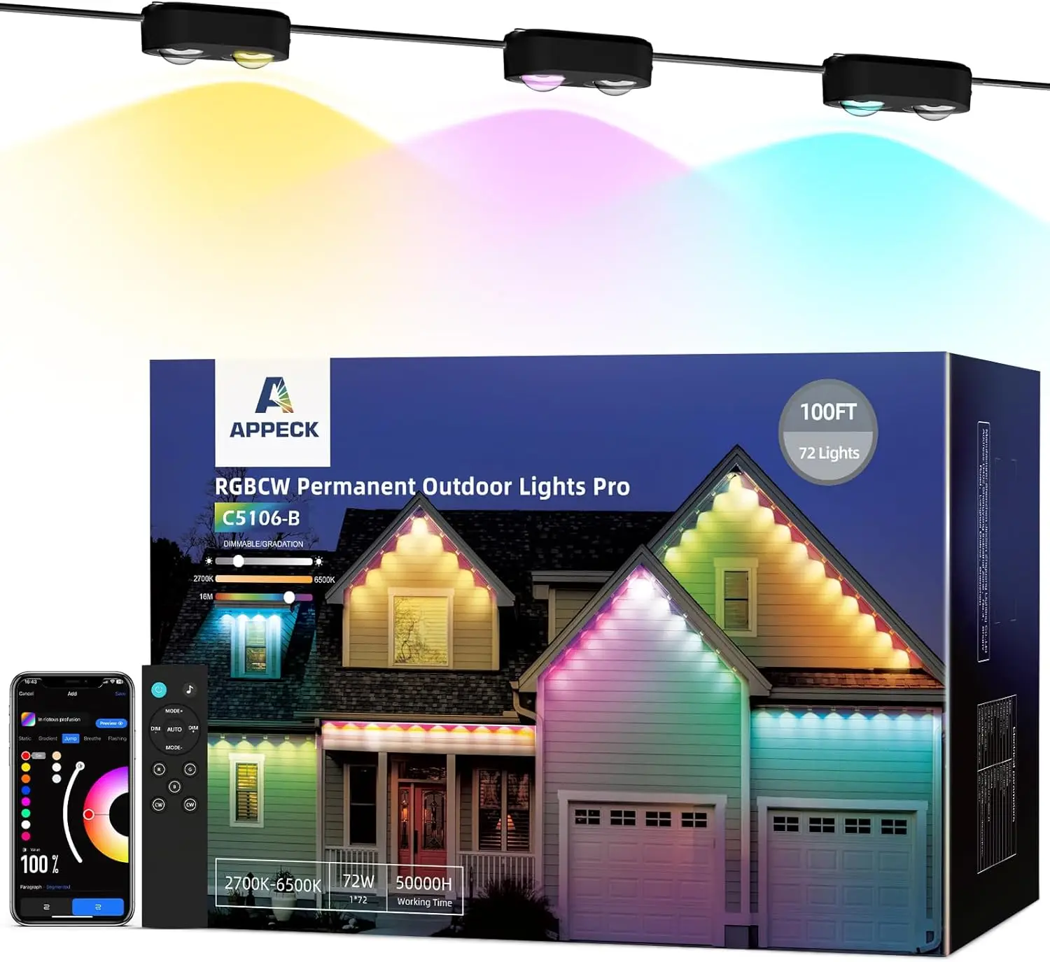 Smart Eaves Lights with 72 LED Lights, Dual Lens, Cuttable, 111 Scene Modes, IP67