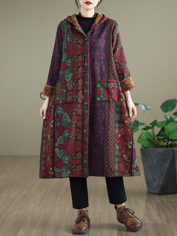 معطف طويل من القطن والكتان مطبوع عليه ريترو مع غطاء محرك السيارة ثينيد شتاء جديد Sle ملابس خارجية نسائية للأمهات في منتصف العمر #2