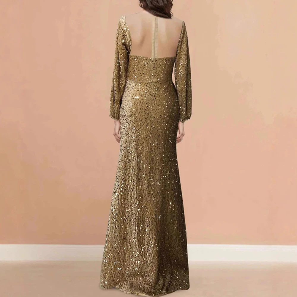 ชุดเดรสยาวหรูหราสำหรับงานปาร์ตี้ ประดับเลื่อม คอเสื้อแบบไม่สมมาตร แขนทรงกระดิ่ง ทรงเข้ารูป ผ่าข้าง ดีไซน์ทันสมัย สง่างาม