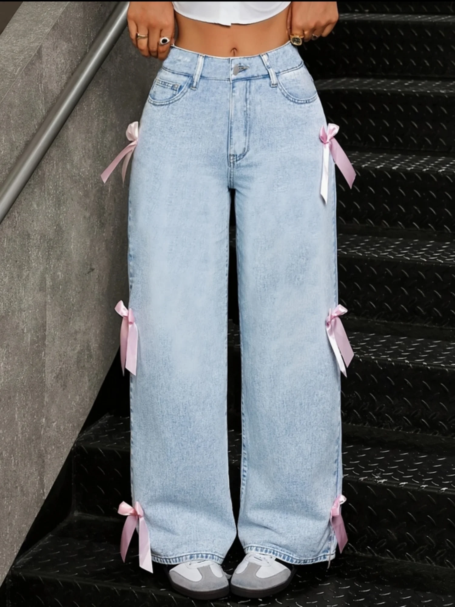 

OOTD Street Chic Girl Bowknot Light Blue Denim Pants Women's 2025 Fall New Style Wide Leg Straight Denim Pants