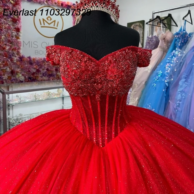 Evlast Glitter Rode Quinceanera Jurk Baljurk Kant Applique Kralen Kristal Korset Mexican Sweet 16 Vestidos De 15 Años Tqd869