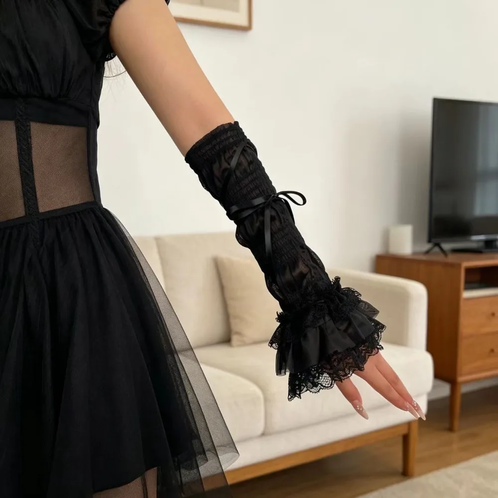 Sweet Acrylic Fiber Bowknot Arm Cuffs Bow Decorated Thin Fabric Lolita Arm Warmers Breathable Girls Arm Sleeves Lolita Outfit