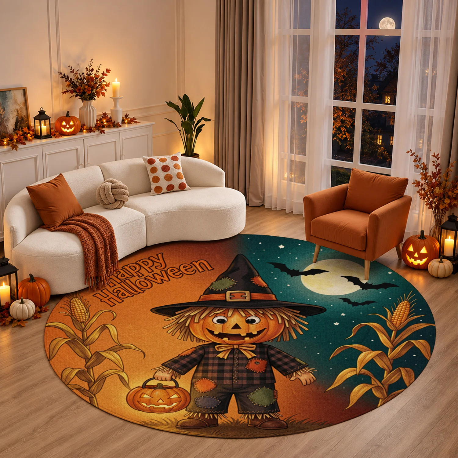 Halloween Scarecrow Pumpkin Bat Corn Moon Pattern Round Velvet Rug, Machine Washable Soft Floor Mat with Stable Grip, Ideal for Living Room Bedroom Entryway, Perfect for Halloween Thanksgiving Black Friday Christmas New Year Home Decor