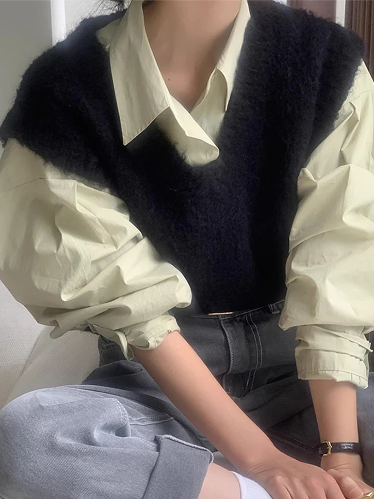 Colete de Tricô Vintage Chic com Decote em V Solto para Mulheres, Sem Mangas, Estilo Casual e Confortável para o Outono