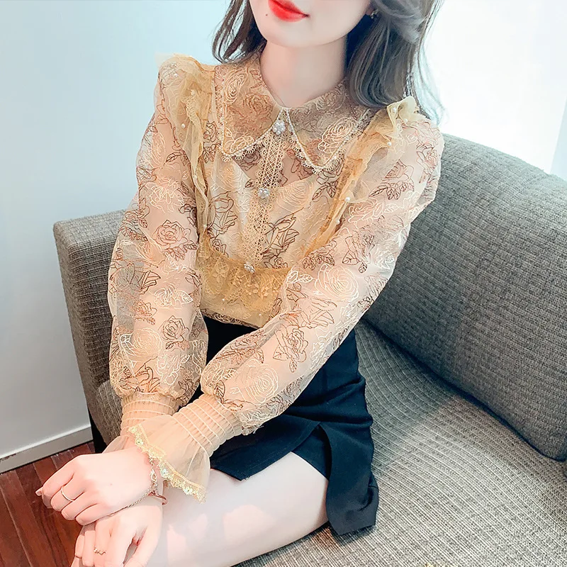 

Autumn Blusas Basic Embroidered Lace Blusas Vintage Tops Elegant Chiffon Blouse Women Loose Office Casual Shirts