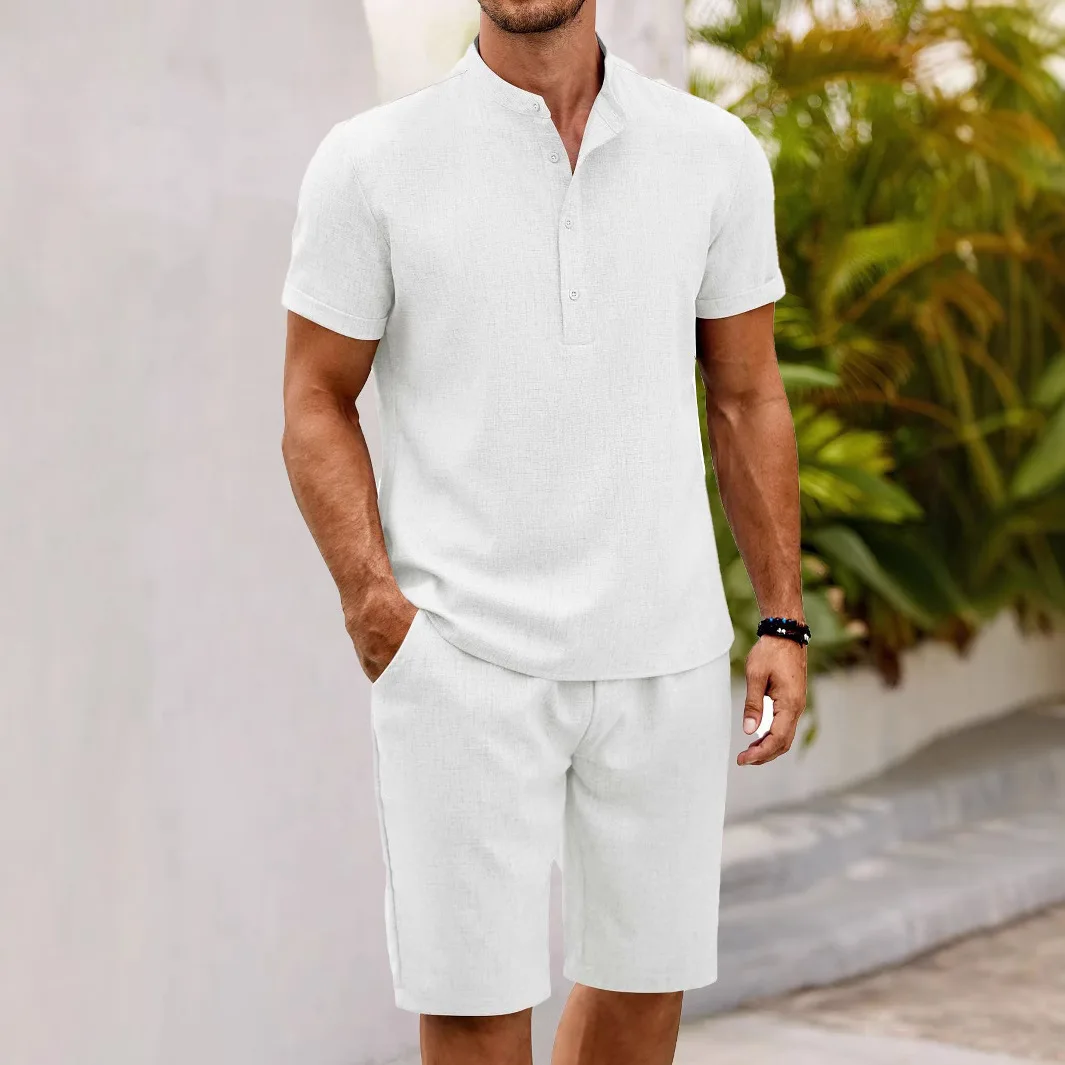 

Loose Casual Men's Set Summer Short Sleeve V-neck Shirt Shorts Two-piece Pure Color Male Model Thin 2026