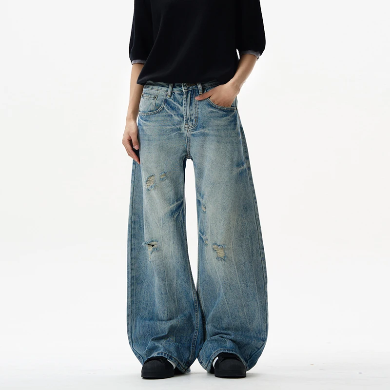 Men's Wear Curved Knife Jeans American Lightning Crack Hole Worn-out Jeans Distressed Vintage Men Trousers Trend