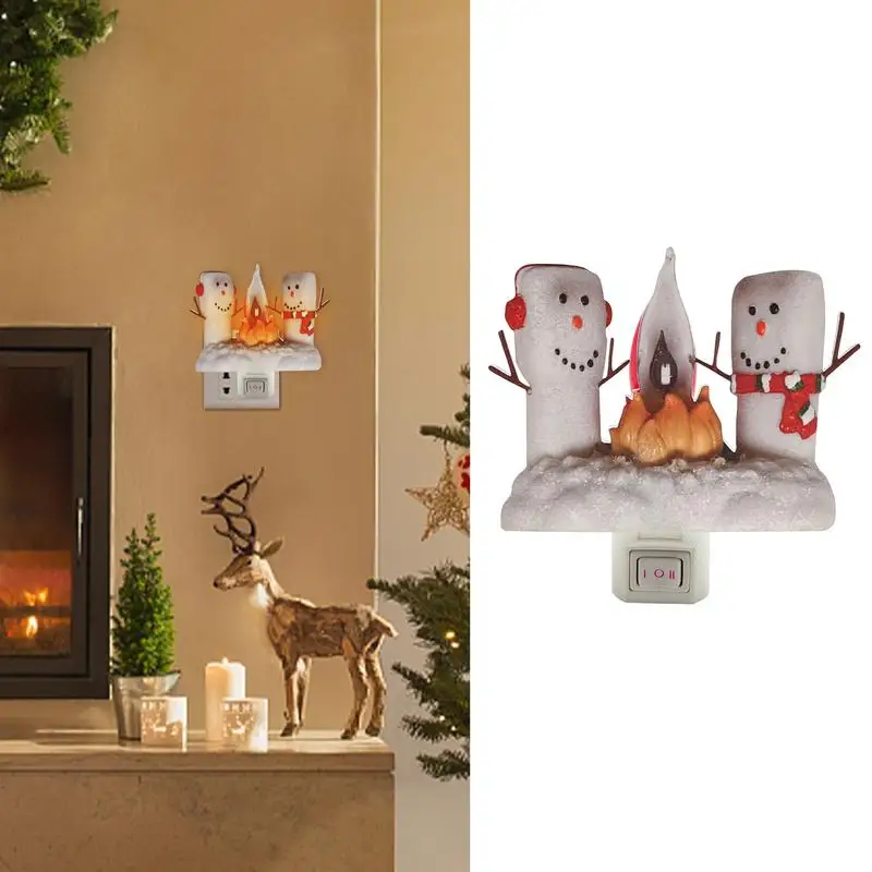 Veilleuses de Noël à brancher au mur, bonhomme de neige scintillant mignon et feu de camp, lampe LED, échelle décorative