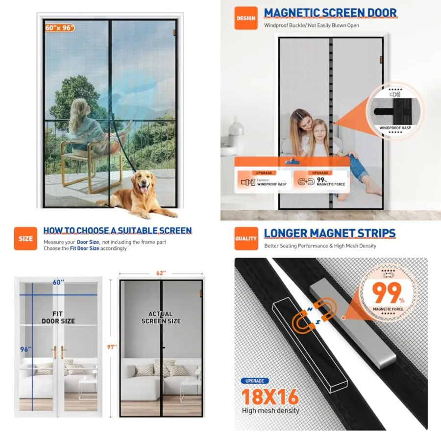

Magnetic Screen Door Fit Door Size 60 x 96 Inch, Screen Size 62 x 97 Strong Magnet French Door Screen, Heavy Duty Fiberglass Do