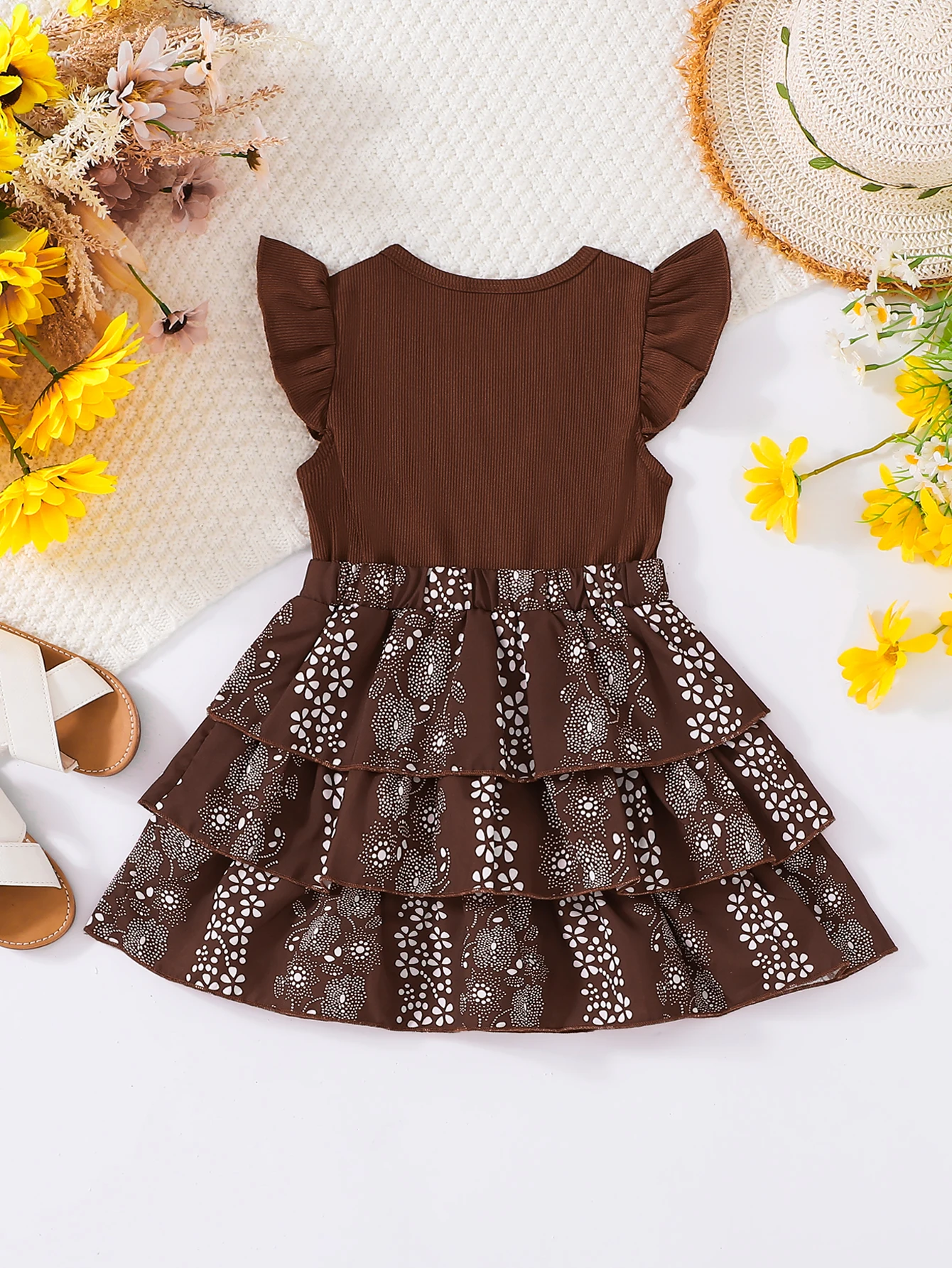 Girls Chocolate Floral Dress Summer Sweet Cake Skirt Striped Top Multi-Layered Floral Hemline Cute Children's Clothing