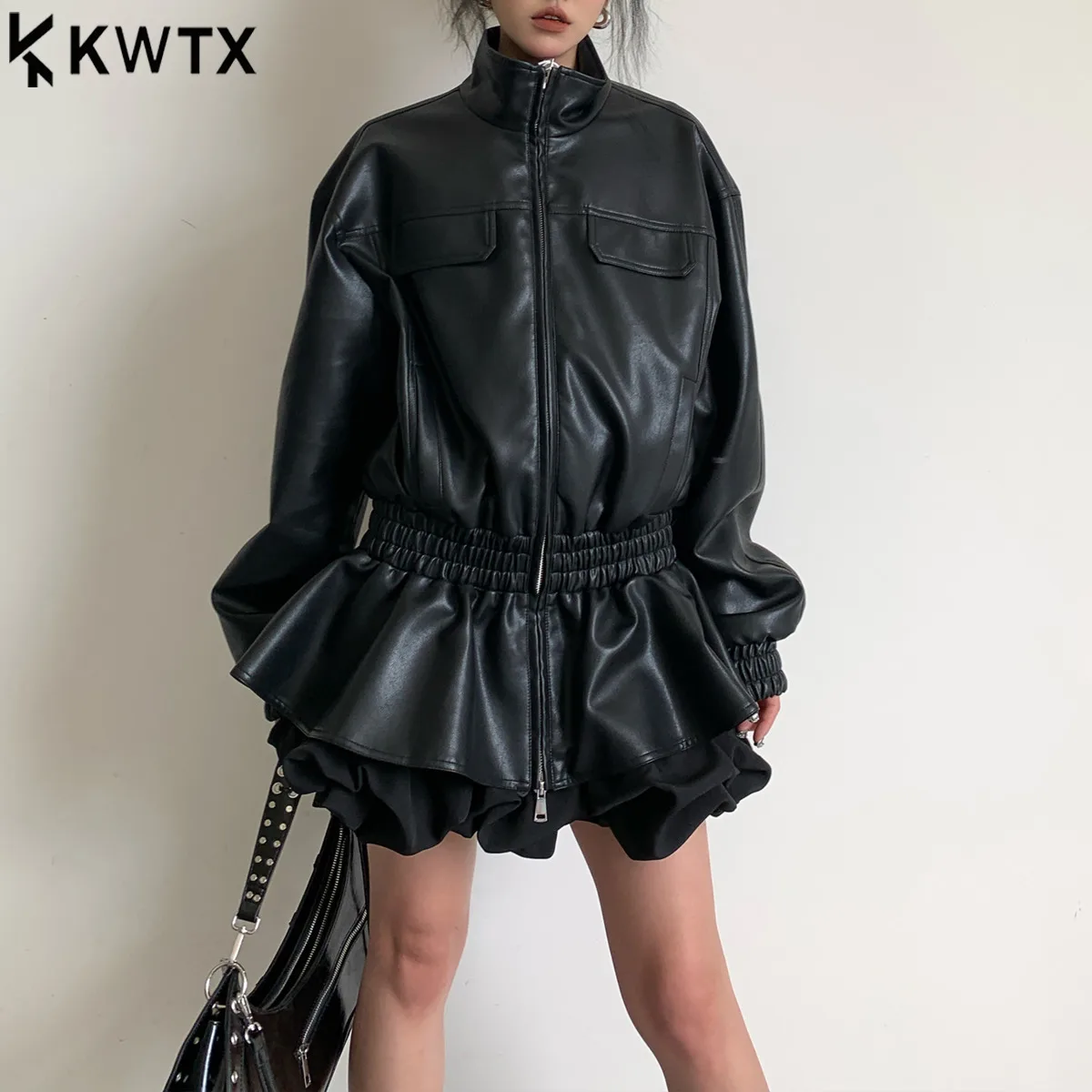 

KWTX 2025 г., женская кожаная куртка, винтажное пальто с воротником-стойкой на молнии и рюшами, повседневная элегантная верхняя одежда, осень-зима, однотонный цвет