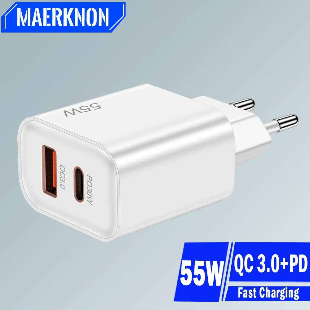 PD USB C Charger 55W Fast Charging Type C Mobile Phone Charge Adapter For iPhone 15 14 13 Huawei Xiaomi QC 3.0 Wall Fast Charger