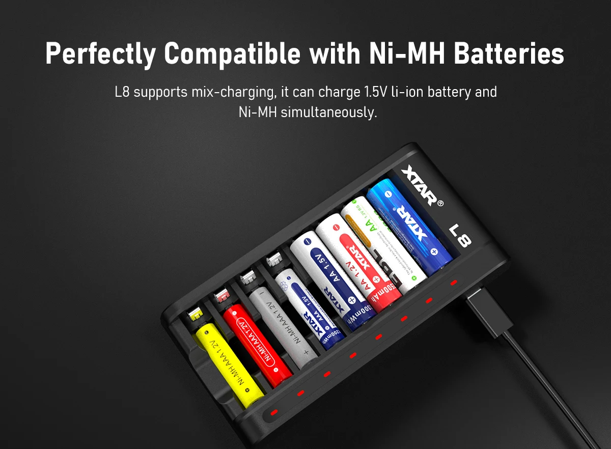 XTAR L8 Charger 8-slot Smart Charger For Li-ion Battery Mix-charging Li-ion NiMH Type-C Input