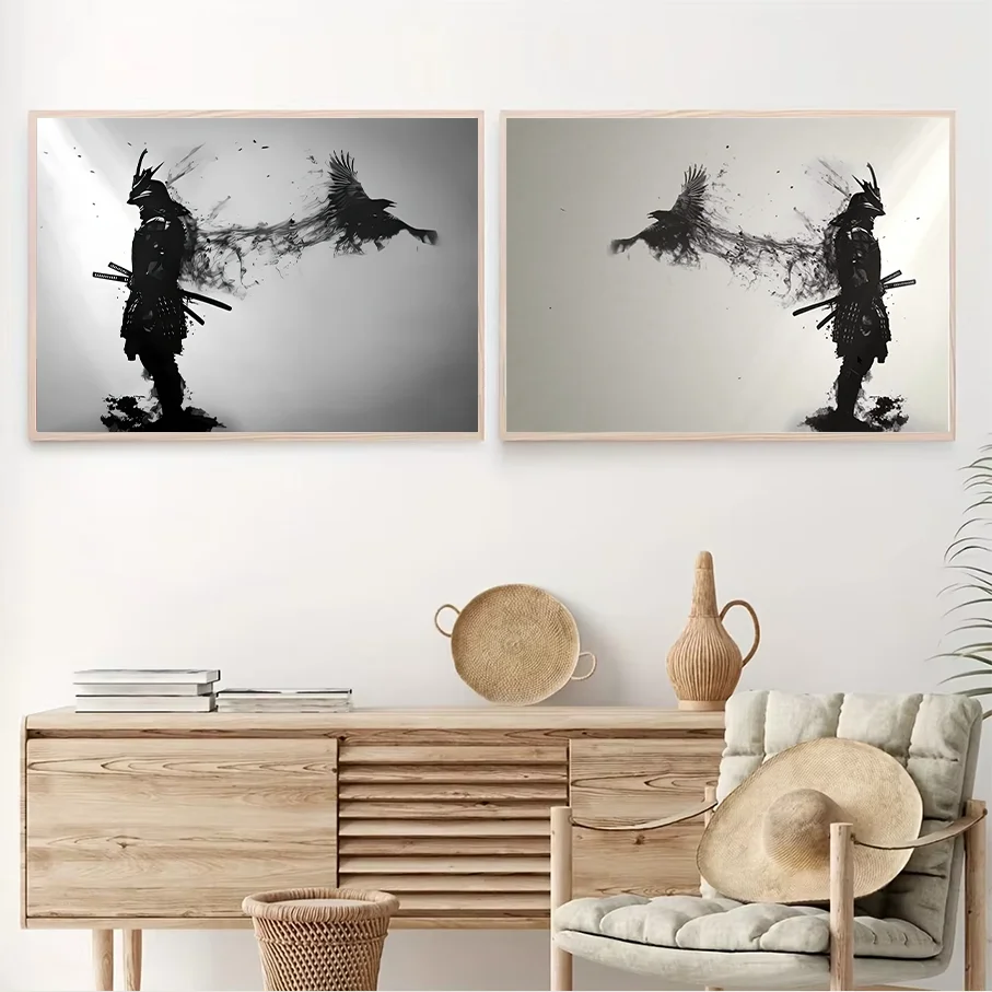 Frameless Canvas Print Samurai Ink Splash Crow Wall Art Modern Black White Japanese Home Decor Picture