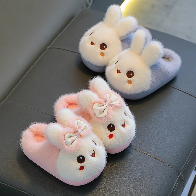Picture 3: New Trendy Sweet Bow Fluffy Rabbit Slippers Kids Playful Pink Warm Bunny Ear Blush Cheek Furry Mules Home Shoes Children Slipper