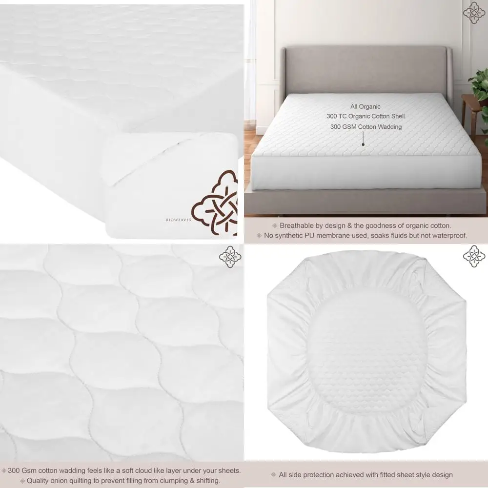 

Organic Cotton Mattress Pad Cover - GOTS Certified, Cooling 300 GSM Quilted Fitted Topper and Protector